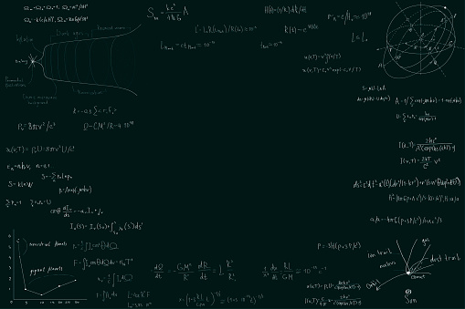 Astronomy and astrophysics, formulas for physics mathematics and astronomy on a dark green chalk Board. Inflation and the big Bang theory. Copy space in the center, space for your design and text