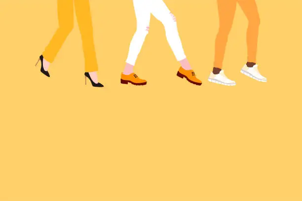 Vector illustration of evolution of fashion in women's shoes, from high-heeled shoes to boots and comfortable sneakers