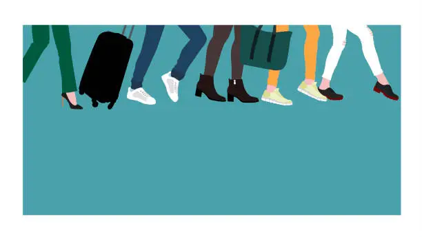 Vector illustration of Tourists are boarding with Luggage and hand Luggage. Women's feet in different shoes hurry somewhere