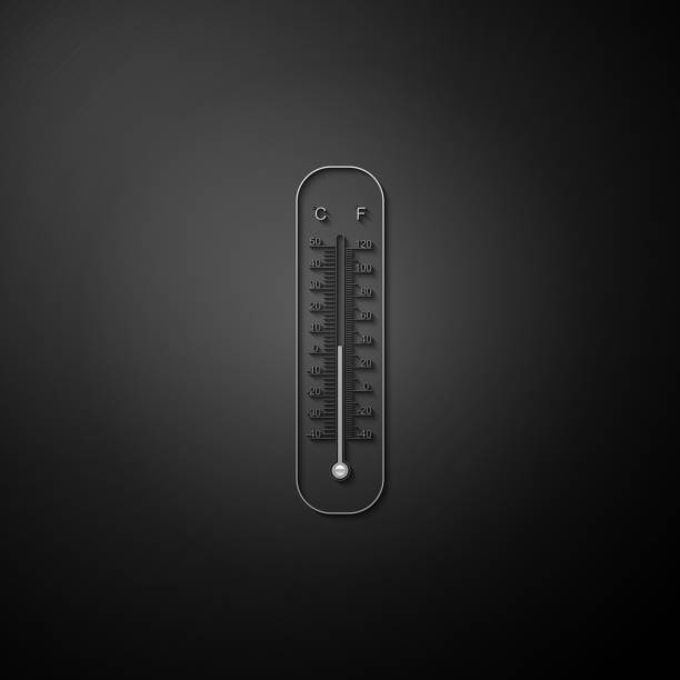 istock Silver Celsius and fahrenheit meteorology thermometers measuring icon isolated on black background. Thermometer equipment showing hot or cold weather. Long shadow style. Vector 1266104488
