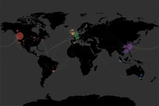 Vector illustration of spread and mutation of coronavirus strains, an epidemic of viral infection in the world.