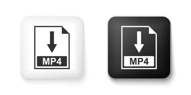 Black and white MP4 file document icon. Download MP4 button icon isolated on white background. Square button. Vector Black and white MP4 file document icon. Download MP4 button icon isolated on white background. Square button. Vector. movie sound clips stock illustrations
