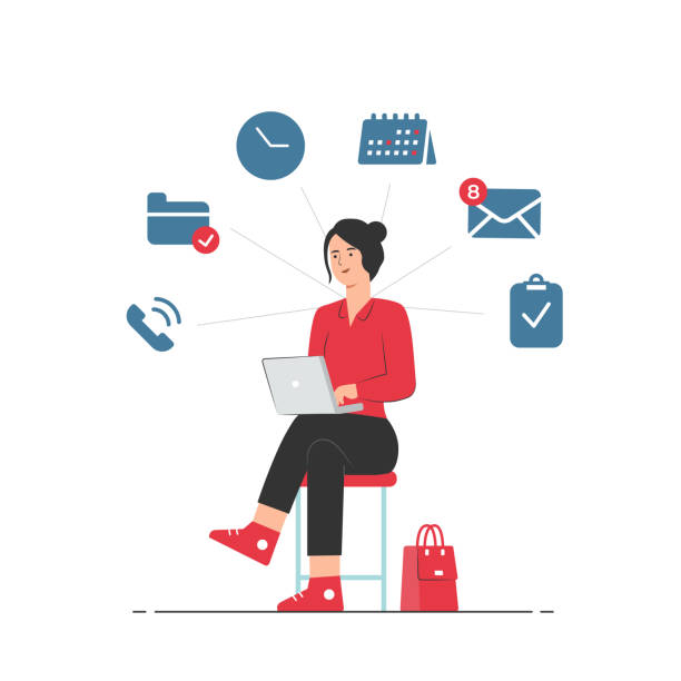 ilustrações de stock, clip art, desenhos animados e ícones de multitasking and time management concept. business woman doing multiple tasks at once - multi tasking efficiency financial advisor business