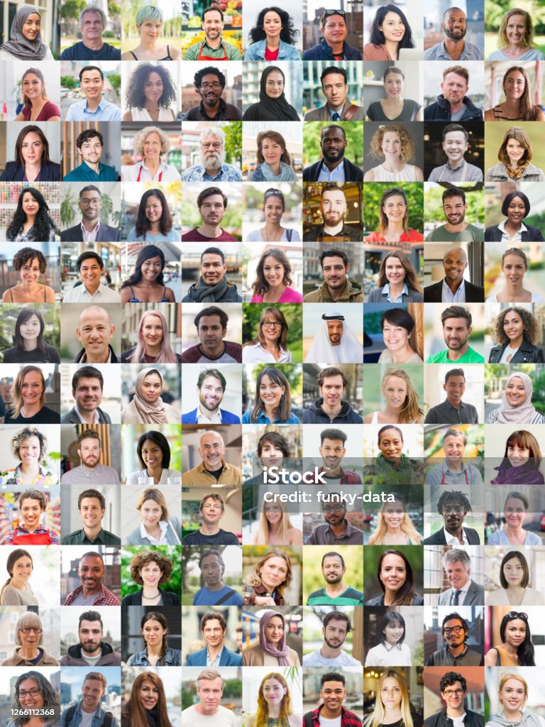 People portraits diversity Vertical collage color image of 108 people with different ethnic and religious backgrounds, in one composition. Human Face Stock Photo
