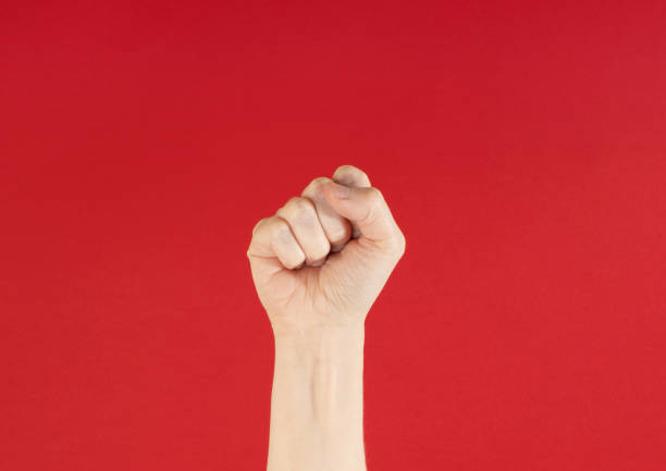 Raised fist in front of a red background, with copy space