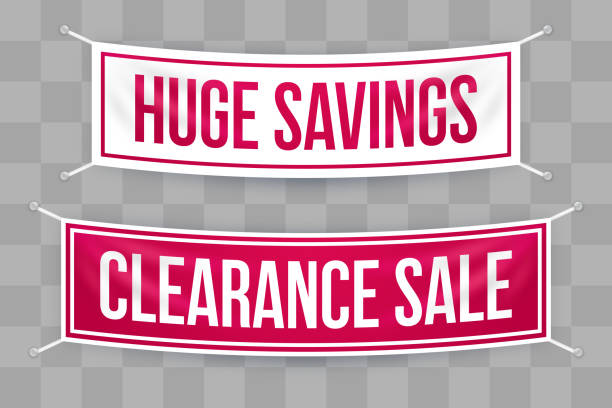 Huge Savings Clearance Sale Hanging Banners Huge Savings and Clearance Sale hanging banners for discount offer and sale offers. closing down sale stock illustrations