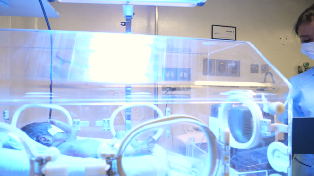 Young nurse in the NICU checking the medical chart of newborn in incubator