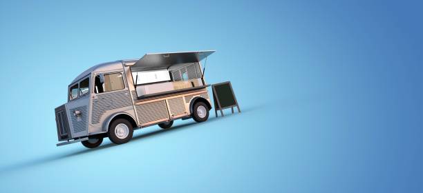 grey vintage food truck on blue background 3d rendering - mobile work imagens e fotografias de stock