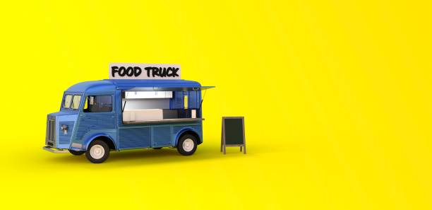 blue food truck on yellow background 3D rendering