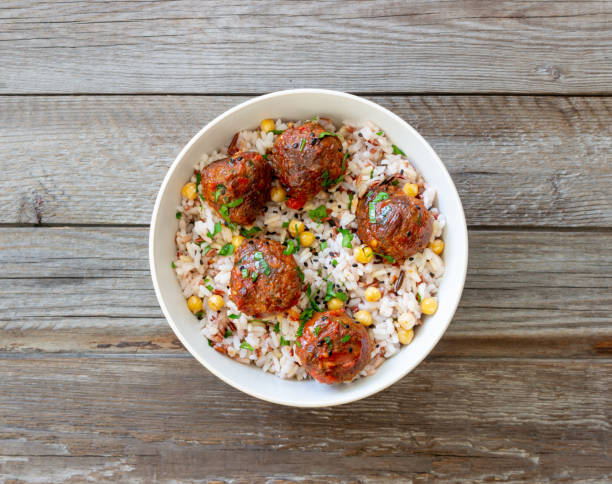 Meatballs with rice, chickpea and sesame seeds. Healthy eating. Diet. Oriental cuisine.