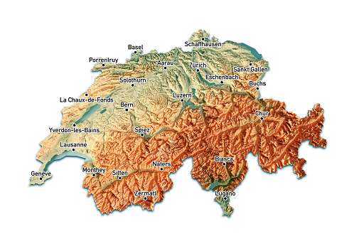 3D Render of a Topographic Map of Switzerland. Version with Cities, on white background.\nAll source data is in the public domain.\nColor texture: Made with Natural Earth. \nhttp://www.naturalearthdata.com/downloads/10m-raster-data/10m-cross-blend-hypso/\nBoundaries Level 0: Humanitarian Information Unit HIU, U.S. Department of State (database: LSIB)\nhttp://geonode.state.gov/layers/geonode%3ALSIB7a_Gen\nRelief texture and Rivers: SRTM data courtesy of USGS. URL of source images: \nhttps://e4ftl01.cr.usgs.gov//MODV6_Dal_D/SRTM/SRTMGL1.003/2000.02.11/\nWater texture: SRTM Water Body SWDB:\nhttps://dds.cr.usgs.gov/srtm/version2_1/SWBD/