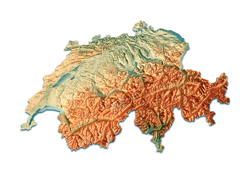 3D Render of a Topographic Map of Switzerland. Version on white background.\nAll source data is in the public domain.\nColor texture: Made with Natural Earth. \nhttp://www.naturalearthdata.com/downloads/10m-raster-data/10m-cross-blend-hypso/\nBoundaries Level 0: Humanitarian Information Unit HIU, U.S. Department of State (database: LSIB)\nhttp://geonode.state.gov/layers/geonode%3ALSIB7a_Gen\nRelief texture and Rivers: SRTM data courtesy of USGS. URL of source images: \nhttps://e4ftl01.cr.usgs.gov//MODV6_Dal_D/SRTM/SRTMGL1.003/2000.02.11/\nWater texture: SRTM Water Body SWDB:\nhttps://dds.cr.usgs.gov/srtm/version2_1/SWBD/
