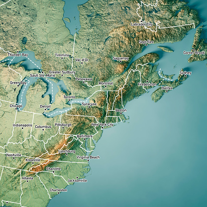 3D Render of a Topographic Map of North East USA and parts of Ontario and Quebec, and Nova Scotia to the right. Version with Country Boundaries and Cities.\nAll source data is in the public domain.\nColor texture: Made with Natural Earth. \nhttp://www.naturalearthdata.com/downloads/10m-raster-data/10m-cross-blend-hypso/\nRelief texture: GMTED2010 data courtesy of USGS. URL of source image: \nhttps://topotools.cr.usgs.gov/gmted_viewer/viewer.htm\nWater texture: World Water Body Limits: Humanitarian Information Unit HIU, U.S. Department of State\nhttp://geonode.state.gov/layers/geonode%3AWorld_water_body_limits_polygons\nBoundaries: Humanitarian Information Unit HIU, U.S. Department of State (database: LSIB)\nhttp://geonode.state.gov/layers/geonode%3ALSIB_10
