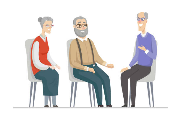 illustrazioni stock, clip art, cartoni animati e icone di tendenza di persone senior che parlano - illustrazione in stile design piatto - mental health professional senior adult social services mental health