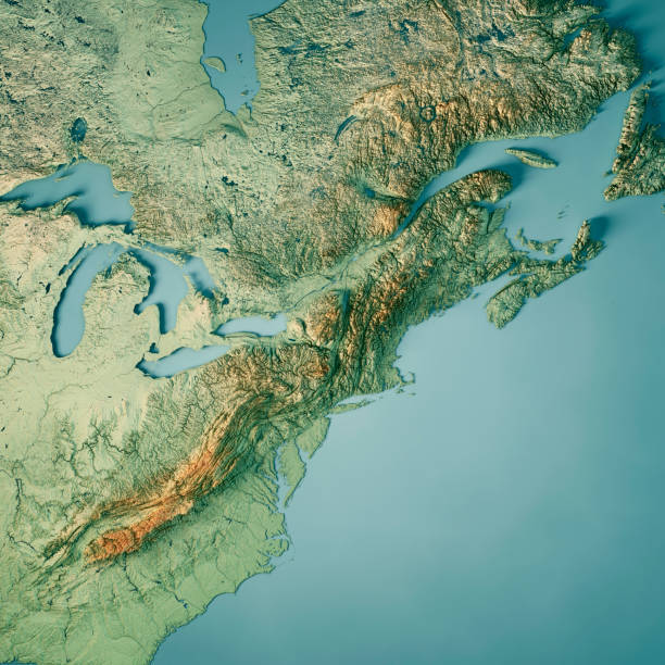 North East USA Nova Scotia 3D Render Topographic Map Color 3D Render of a Topographic Map of North East USA and parts of Ontario and Quebec, and Nova Scotia to the right. 
All source data is in the public domain.
Color texture: Made with Natural Earth. 
http://www.naturalearthdata.com/downloads/10m-raster-data/10m-cross-blend-hypso/
Relief texture: GMTED2010 data courtesy of USGS. URL of source image: 
https://topotools.cr.usgs.gov/gmted_viewer/viewer.htm
Water texture: World Water Body Limits: Humanitarian Information Unit HIU, U.S. Department of State
http://geonode.state.gov/layers/geonode%3AWorld_water_body_limits_polygons
Boundaries: Humanitarian Information Unit HIU, U.S. Department of State (database: LSIB)
http://geonode.state.gov/layers/geonode%3ALSIB_10 great lakes stock pictures, royalty-free photos & images