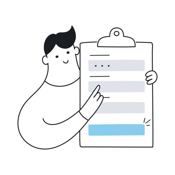 Registration form filling, CTA website form Registration form. Cute cartoon man with a registration sign up form, filling all fields for signing in. CTA concept, clipboard with fields to fill. Flat line vector icon on white background education registration event stock illustrations