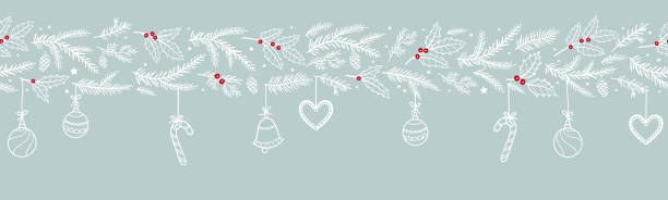 귀여운 손으로 그린 크리스마스 원활한 화환, 가지와 장식 수평 배너. 카드, 배너, 벽지에 적합 - 벡터 디자인 - 갈란드 장식품 일러스트 stock illustrations
