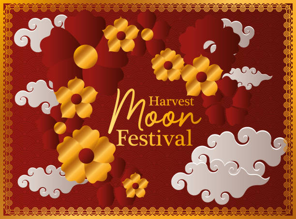 istock harvest moon festival with gold red flowers clouds and frame vector design 1266125001