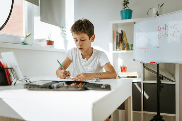 istock Young boy is doing math task during online class. Homeschooling during COVID-19 Pandemic. 1266127300