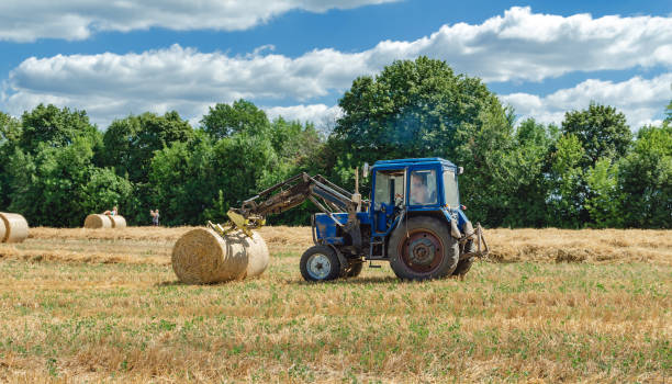 istock straw in round bales and a tractor in the field 1266127596