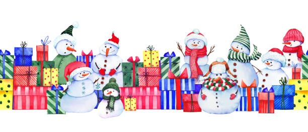 istock Seamless banner with funny snowmen and colorful gift boxes. 1266130350
