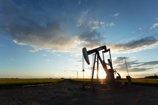 prairie oil pump jacks canada usa - oil pump oil industry prairie field foto e immagini stock