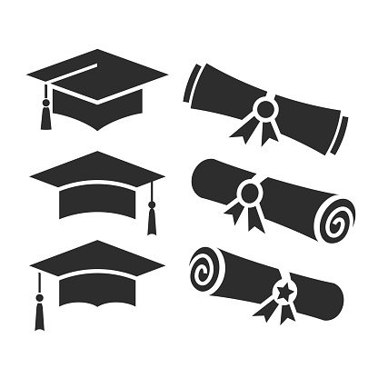 Education vector icons, academic hat and graduation diploma on white background