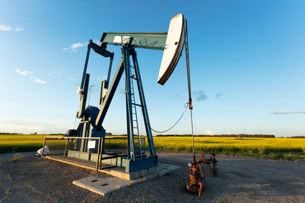 prairie oil pump jacks canada usa - manitoba canada prairie canola foto e immagini stock