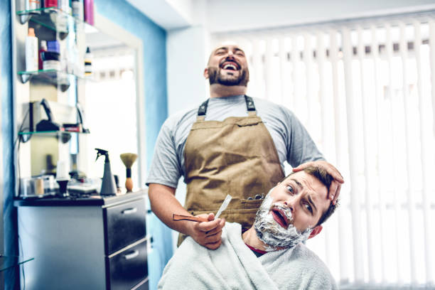 Crazy Barber Laughing While Customer Is Terrified Of Razor During Shaving