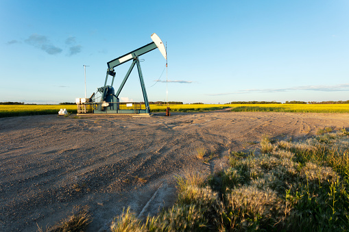 One pump jack producing oil, Image taken near the town of Virden, Manitoba. Image taken from a tripod.