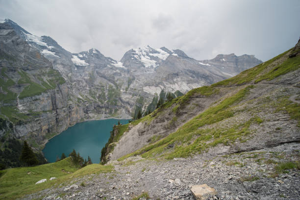 oeschinen lake in switzerland, beautiful place near kandersteg in bernese oberland.