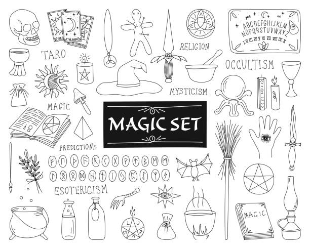 ilustrações, clipart, desenhos animados e ícones de coleção de atributos para magia em um fundo branco - medium group of objects illustrations