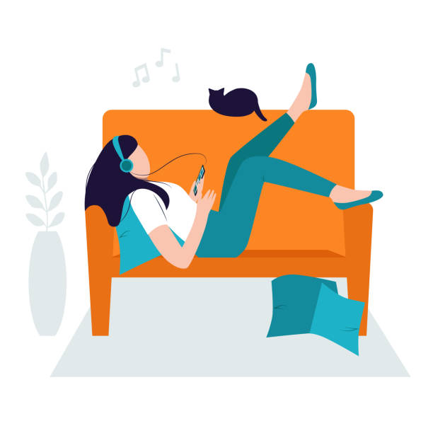 Relaxing concept, stay at home. Girl chilling on the sofa with headphones and listening to music Woman resting and enjoying the sounds. Isolated vector illustration feet up stock illustrations
