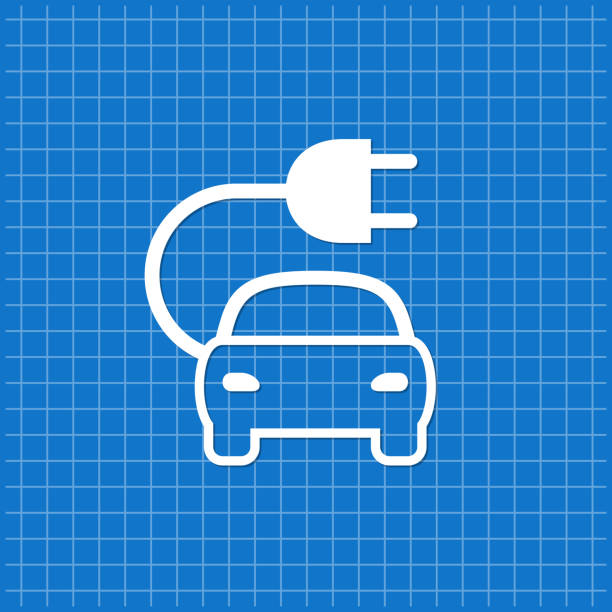 blaues banner mit elektroauto-ikone - stromstecker grafiken stock-grafiken, -clipart, -cartoons und -symbole