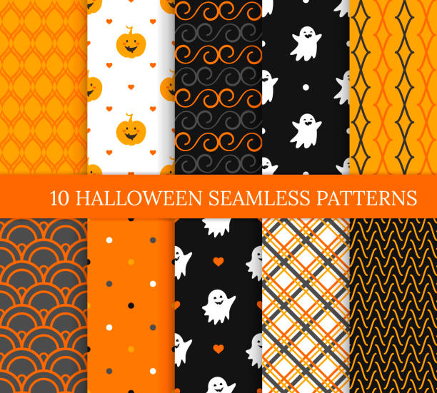 Ten Halloween different seamless patterns. Endless texture for wallpaper, web page background, wrapping paper and etc. Smiling cute ghosts, pumpkins, polka dots and wavy lines Ten Halloween different seamless patterns. Endless texture for wallpaper, web page background, wrapping paper and etc. Smiling cute ghosts, pumpkins, polka dots and wavy lines halloween patterns stock illustrations