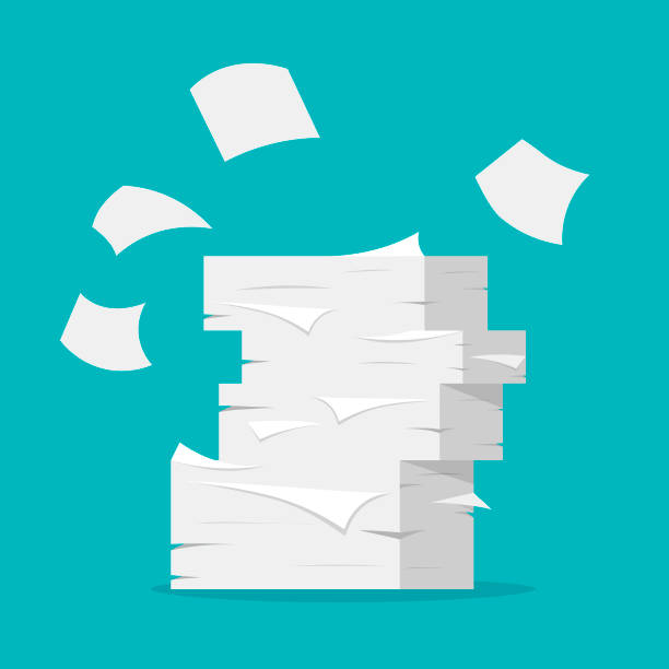Paper sheets pile. Paper sheets pile. Paperwork and office routine. Heap of white papers on blue background in a flat trendy style. chaos illustrations stock illustrations