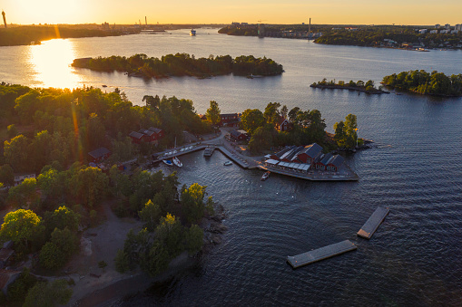 Summer evening view over Fjäderholmarna, a group of islands fairly near the city center of Stockholm and a popular summer destination for locals and tourists.
