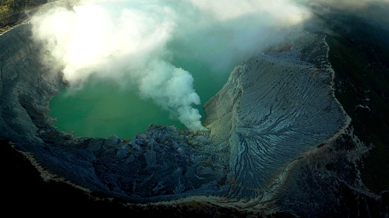 The top view inside a volcano which is erupting in the Java island in Indonesia