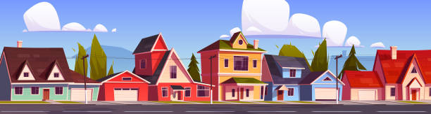 교외 주택, 별장교외 거리. - house residential structure two objects building exterior stock illustrations
