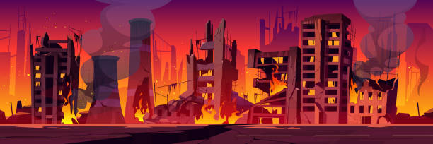 illustrations, cliparts, dessins animés et icônes de ville dans le feu, la guerre détruisent les bâtiments brisés en feu - apocalypse