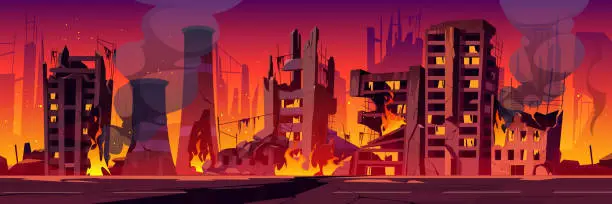 Vector illustration of City in fire, war destroy burning broken buildings