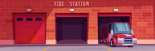 Vector illustration of Fire station garage with red truck leaving box