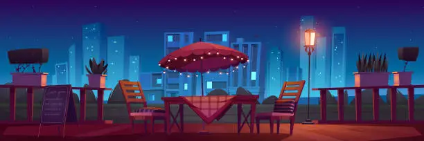 Vector illustration of Cafe or restaurant terrace at night