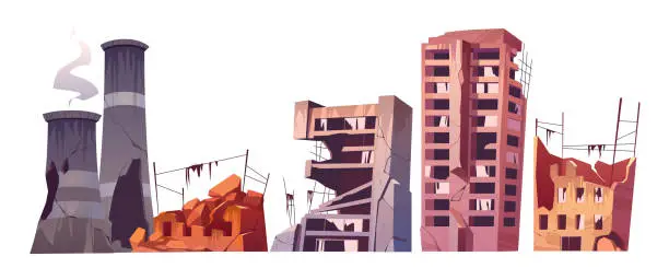 Vector illustration of Destroyed city buildings, war destruction set