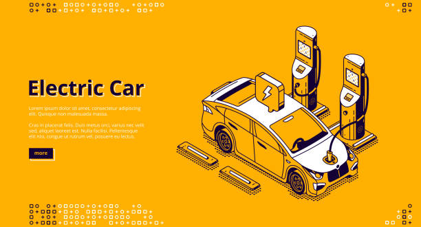 ilustraciones, imágenes clip art, dibujos animados e iconos de stock de coche eléctrico en el estandarte de la estación del cargador - car backgrounds battery service