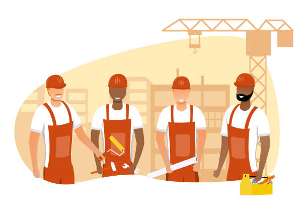 ilustraciones, imágenes clip art, dibujos animados e iconos de stock de ilustración vectorial del equipo de constructores - construction worker architect construction manual worker