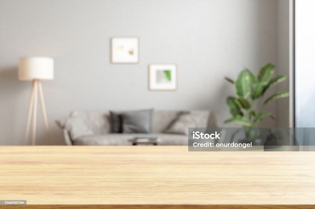 Wood empty surface and Living room as background Table Stock Photo