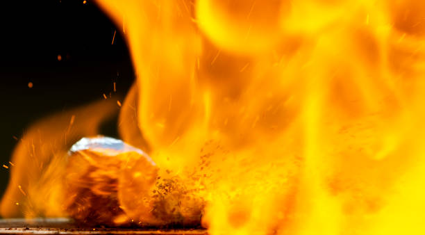 istock Explosion, fire and flames, sparks around. Close-up 1266151874