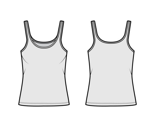 baumwoll-jersey tank technische mode-illustration mit schaufel hals, entspannte passform, tunika-länge. flache outwear camisole - tank top black top t shirt stock-grafiken, -clipart, -cartoons und -symbole