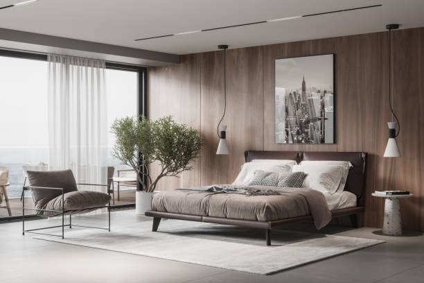 lujosos y elegantes interiores de dormitorio - contemporary sparse design lamp fotografías e imágenes de stock